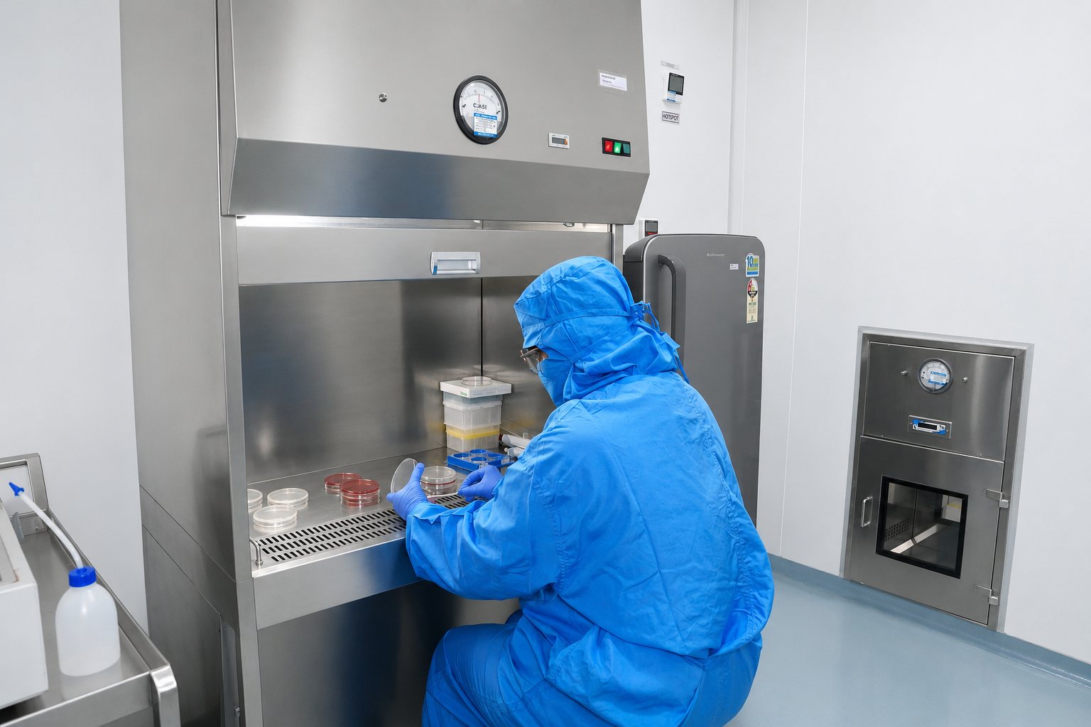 Microbiologist working at a biosafety cabinet at Laksh Finechem