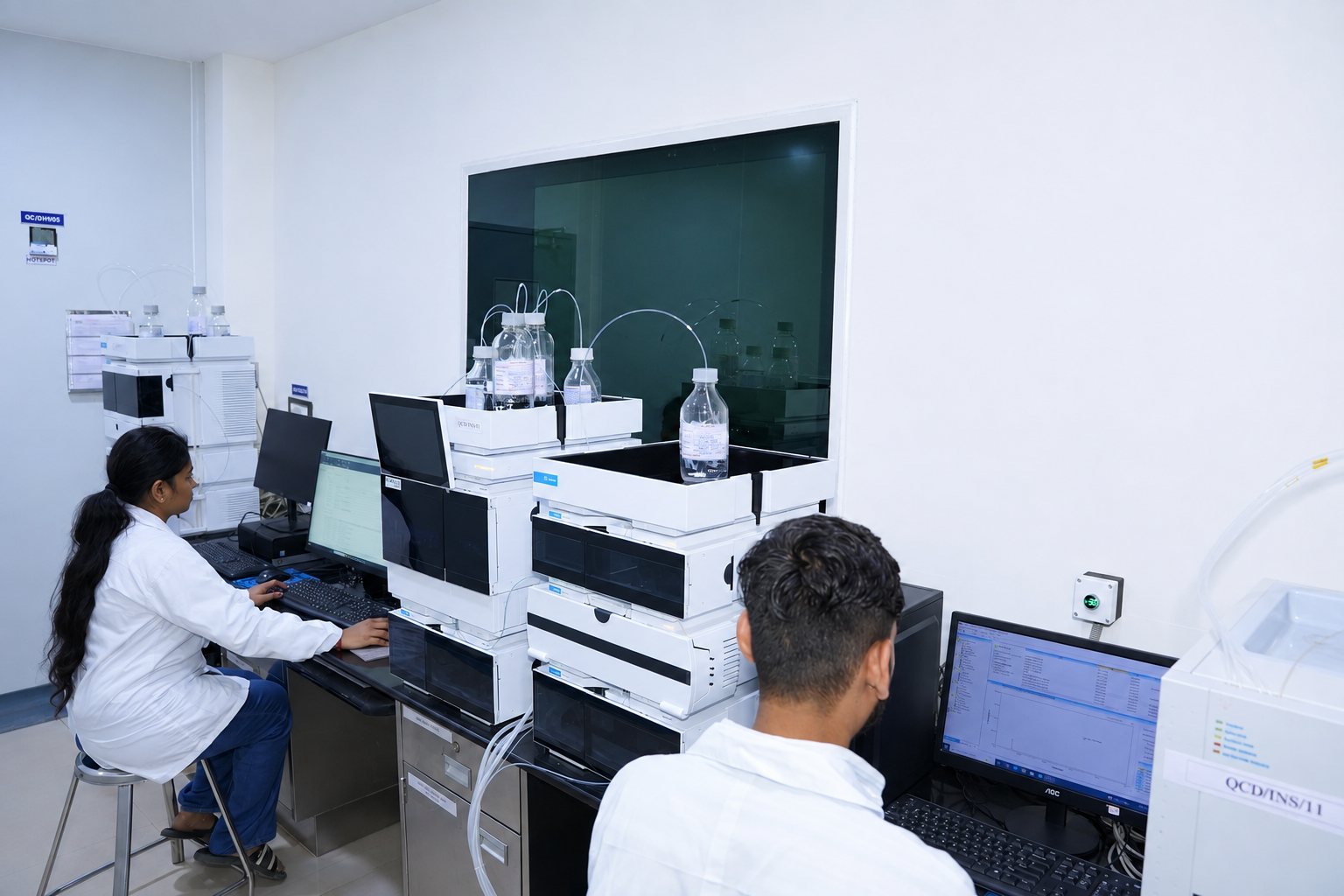 Analysts reviewing HPLC results in the Laksh Finechem quality control laboratory