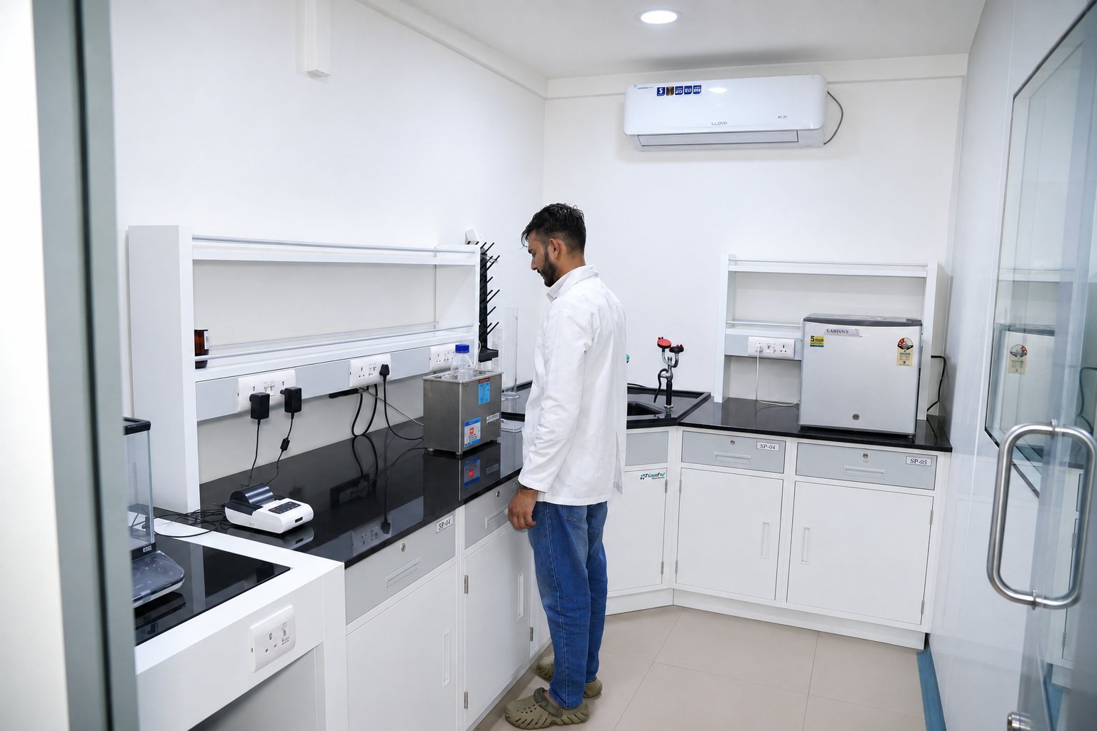 Chemist working at laboratory fume hoods in the Laksh Finechem process development laboratory