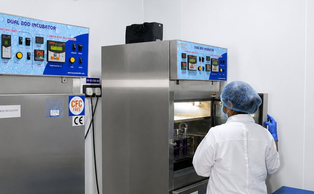 Controlled temperature incubators in the Laksh Finechem microbiology laboratory