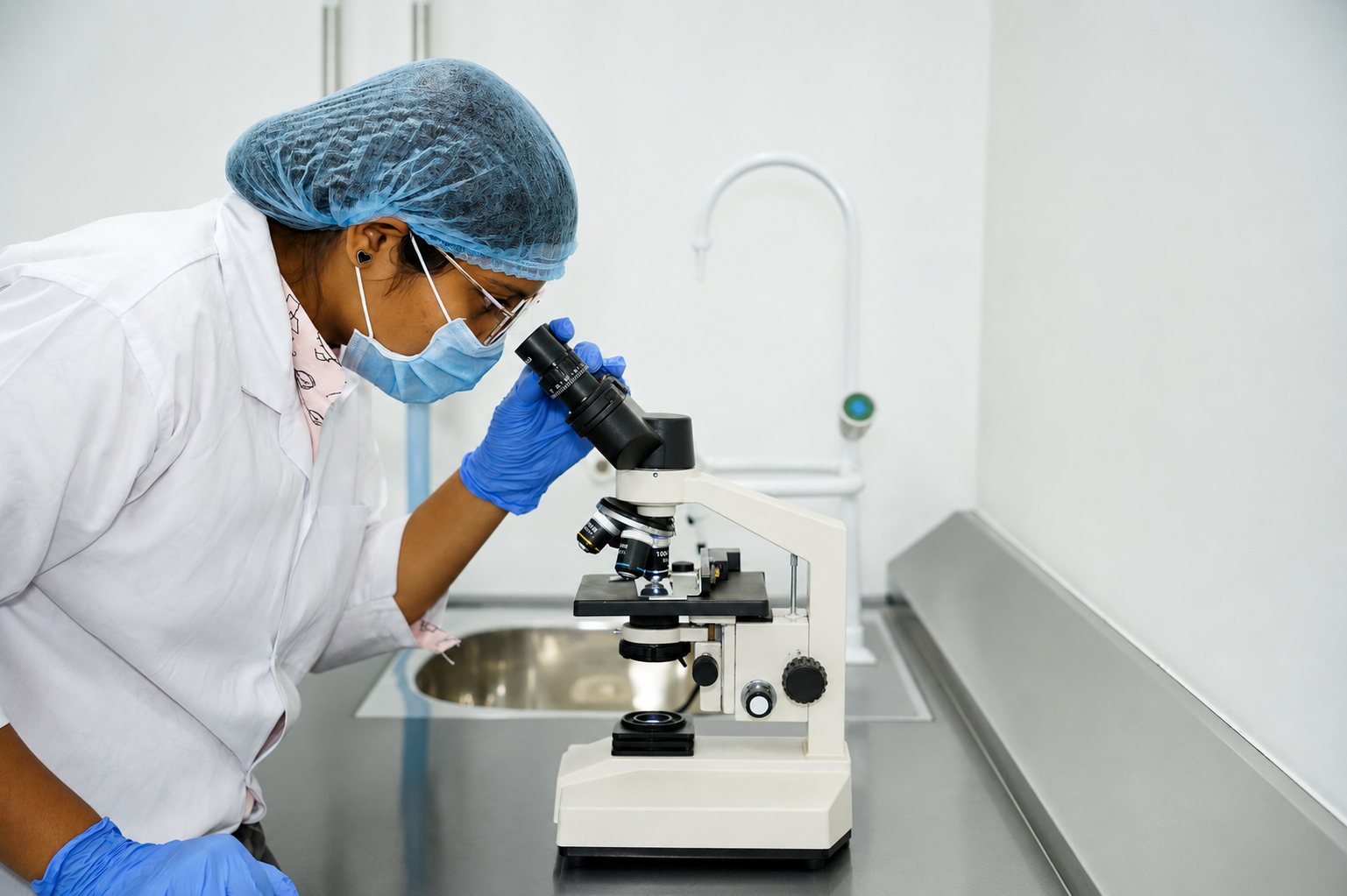 Microbiologist examining a sample under a microscope at Laksh Finechem