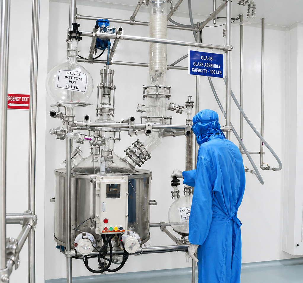 Operator at the 100 L borosilicate glass assembly at Laksh Finechem