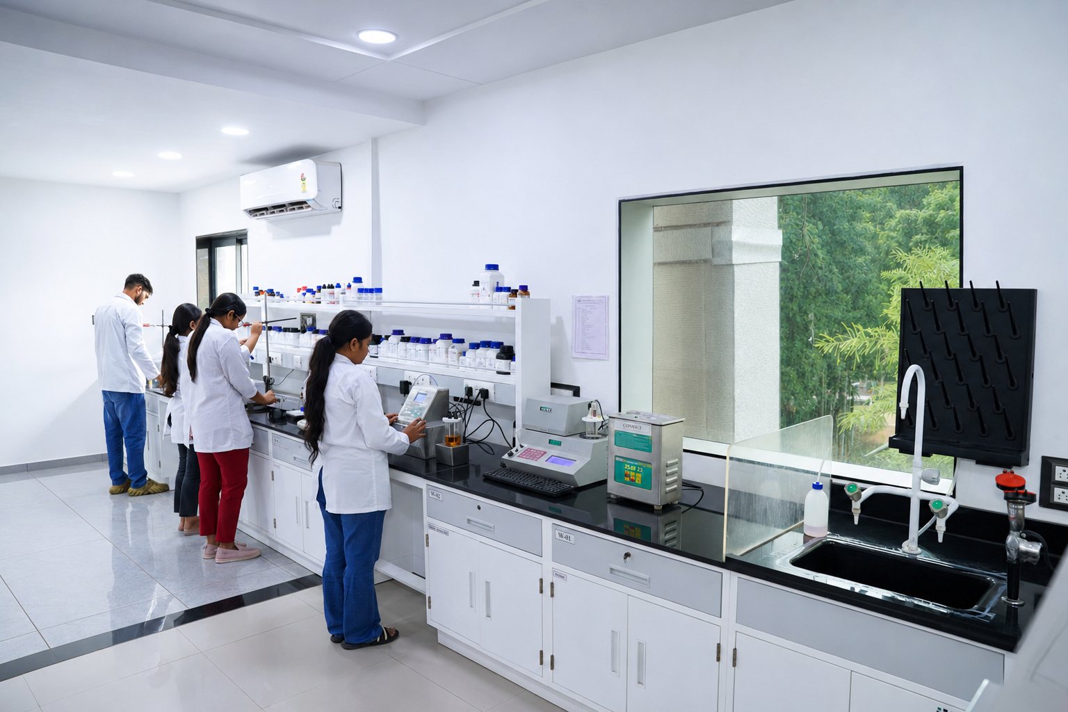 Analysts working in the Laksh Finechem quality control laboratory