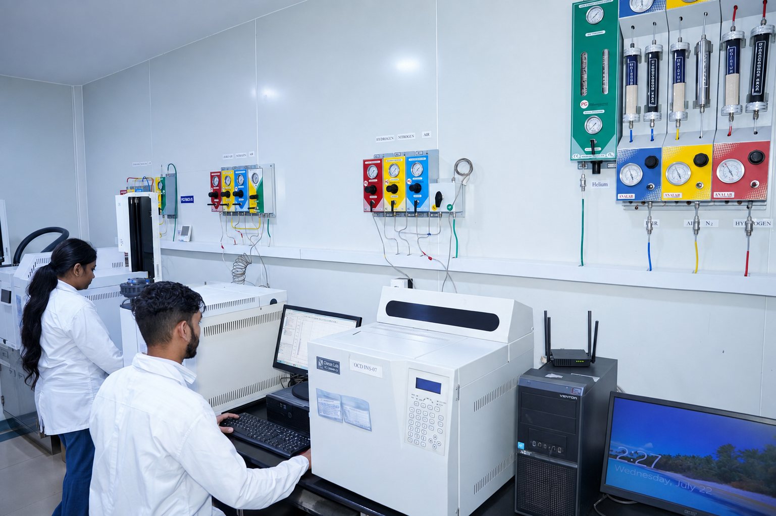 Analysts operating gas chromatography instruments in the Laksh Finechem quality control laboratory